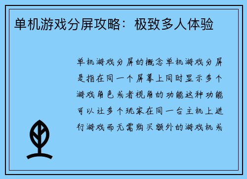 单机游戏分屏攻略：极致多人体验