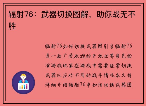 辐射76：武器切换图解，助你战无不胜